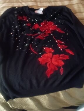 Rebecca Malone Black Crewneck Sweater with Red Floral Embroidery